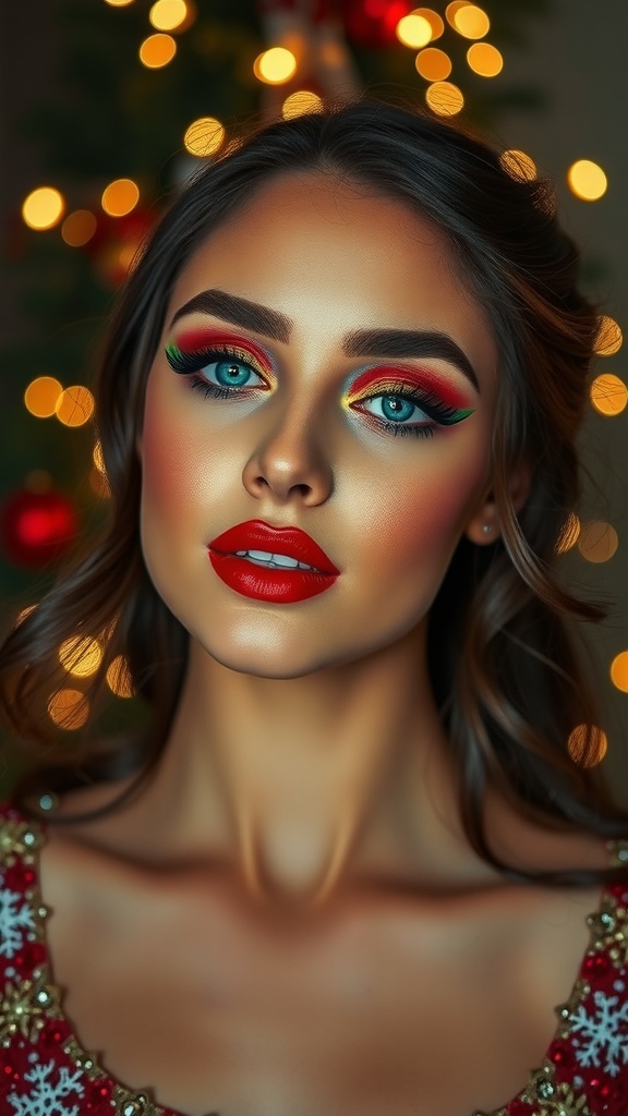 A festive Christmas makeup look with red and green eyeshadow, red lipstick, and glowing skin, set against a backdrop of holiday lights.